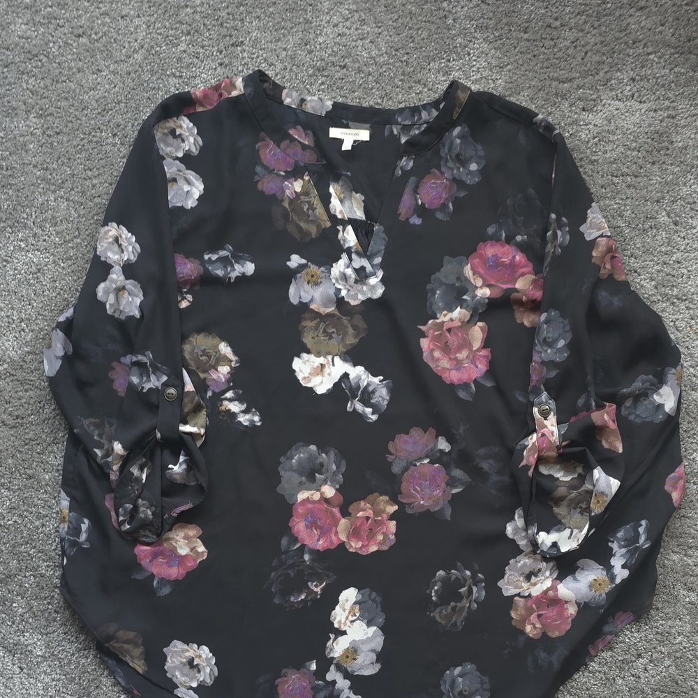Maurices Black Floral Blouse with Pink and Gray Accents